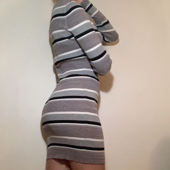 NWOT Long Sleeve Striped Bodycon Dress in Black, White & Grey- Size S - Picture 2 of 12